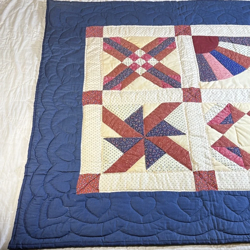 Handmade Vintage Sampler‎ Quilt Blue Border Hearts Fan Pinwheel Americana Decor